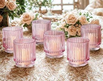 Ribbed Pink Glass Candle Holders - Set of 6 - Wedding Centerpiece - Candle Home Decor