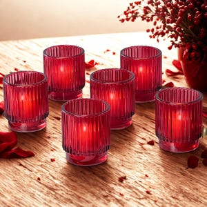 Red Glass Candle Holders Set of 6, Ribbed Red Votive Tealight Holder, Candle Centerpiece Holiday Decoration, Candle Holder Gift