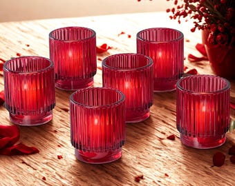 Red Ribbed Glass Votive Candle Holders - Set of 6 - Holiday Candle Centerpiece