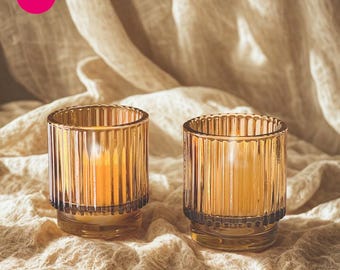 Ribbed Amber Glass Candle Holders (Set of 6) Votive Tealight Centerpieces