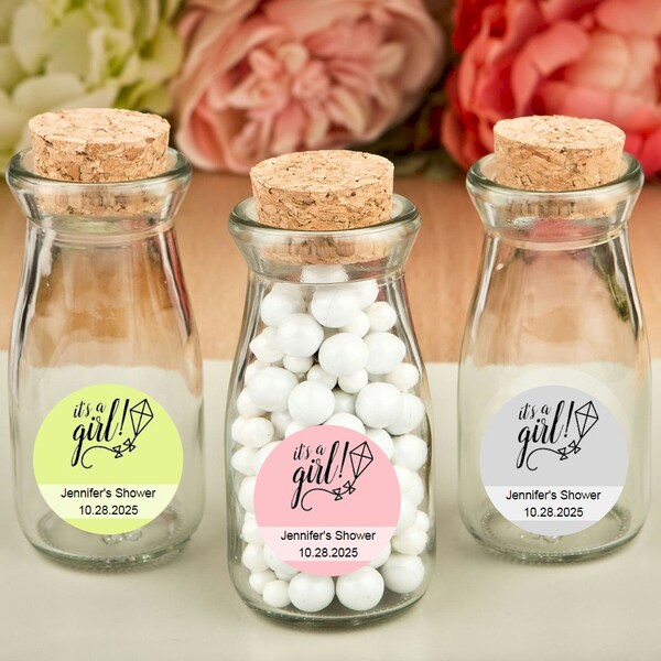 Personalized It's A Girl Glass Milk Bottles, Candy Treat Milk Jars, Baby Shower Favors, Mini Glass Jar, Milk Bottle Baby Shower Party Favor