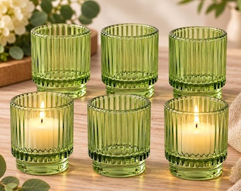 Green Glass Votive Candle Holders (Set of 6), Vintage Style Tealight Holder, Wedding Table Decor