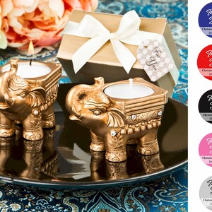 Gold Good Luck Elephant Tealight Holders, Ganesha Custom Gift Tags, Lucky Elephant Candle Holder, Decorative Elephant Wedding Guest Favors