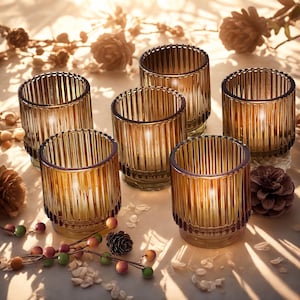 Amber Glass Candle Holders Set of 6, Ribbed Amber Votive Tealight Holder, Candle Centerpiece Wedding Reception Decor, Candle Holder Gift