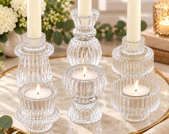 Clear Glass Candle Holders Set of 6, Reversible Tealight & Taper Candlestick Holders, Wedding Centerpiece