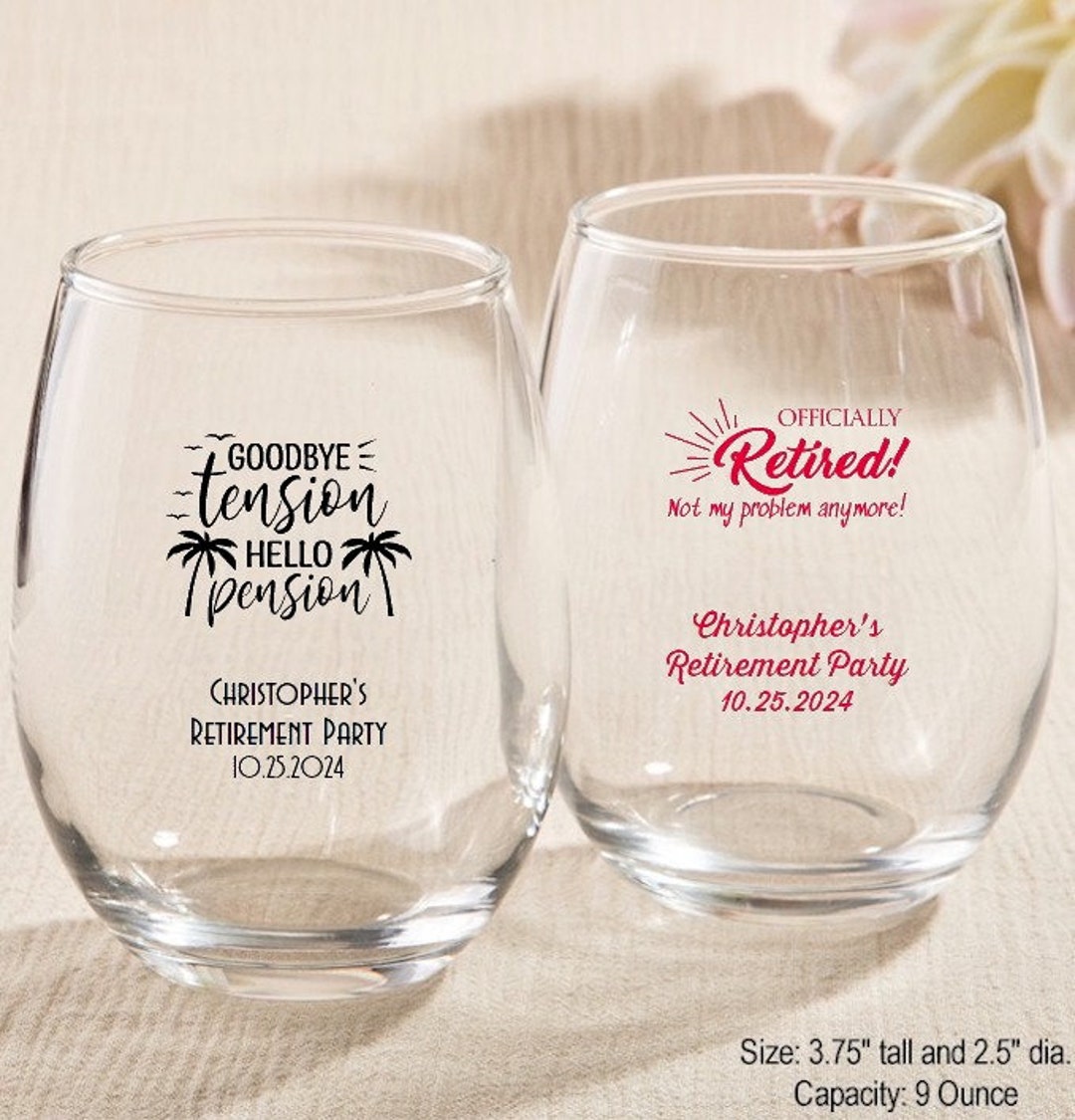 24 Retirement Party Wine Glasses, Personalized 9 Oz Stemless Wine Glass
