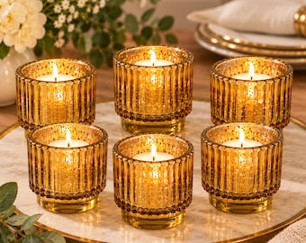 Gold Glass Votive Candle Holders (Set of 6,) Mercury Glass Tealight Holders, Wedding Centerpiece