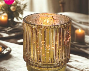 Gold Ribbed Glass Votive Candle Holders (Set of 6) - Glam Wedding Centerpiece