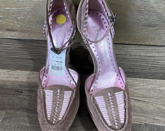 BCBGirls Leather High Heel Wedge Sandal Shoe Size 6.5 Ankle Strap Women