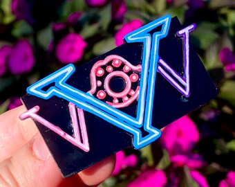Vee Tower Logo Pin | Hazbin Hotel Vox Velvette and Valentino Inspired Pin