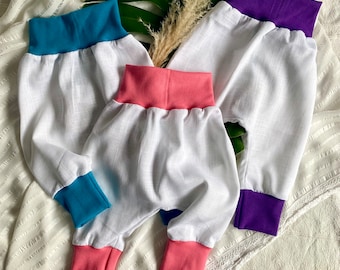 white linen harem pants with colorful cuffs