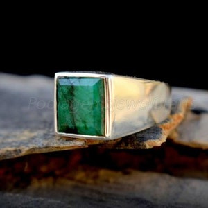 Raw Emerald Mens Ring, 925 Sterling Silver Ring, Green Emerald Gemstone, Heavy Mens Ring, Emerald Mens Ring, Vintage Style Ring, Huge Ring