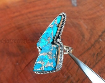 Lightning Bolt Blue Copper Turquoise Ring, 925 Sterling Silver
