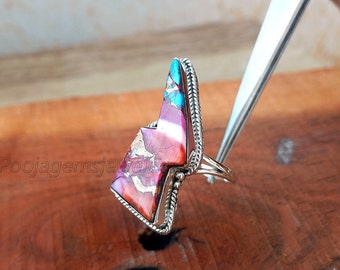 Lightning Bolt Pink Spiny Oyster Turquoise Ring, 925 Sterling Silver