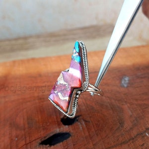 Anillo de turquesa con ostra espinosa rosa y rayo, plata de ley 925