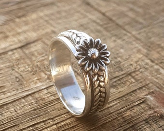 Sunflower Spinner Ring For Women, Fidget Ring Band, Nature Ring, Flower Spinner Ring, Anxiety Ring, Wide Band Ring, Handmade, Sunflower Ring