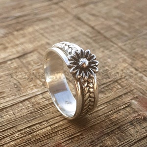 Handmade Sterling Silver Sunflower Spinner Ring: Wide Band Fidget Ring