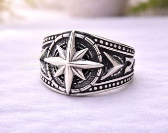 Handmade Turkish Compass Signet Ring, Oxidized Sterling Silver, Vintage Statement Men's Jewelry