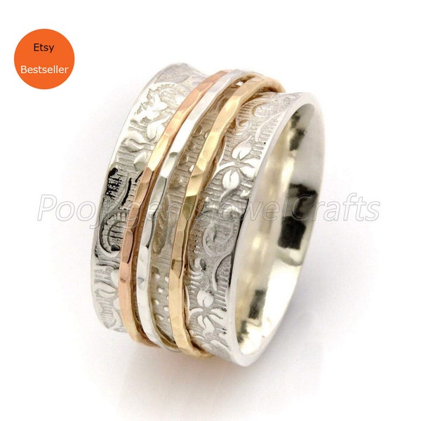 Solid 925 Sterling Silver Spinner Ring Silver Fidget Jewelry Three Tone Spinner Ring Meditation Wide Band Ring Statement Spinner Ring #14