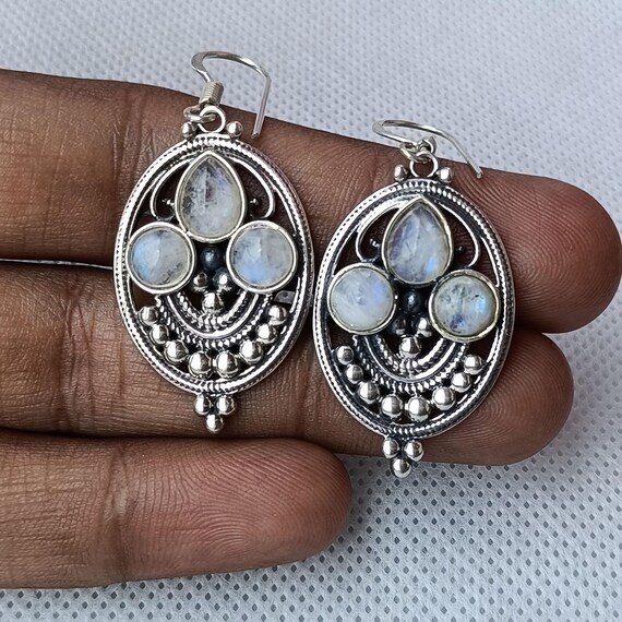 La Pietra Di Luna Gemma Fatto A Mano Modo Goccia A Penzolare Orecchini Etnici Per Donne Ossidato Argento Progettazione Unico Orecchini In Argento Tibetano - Foto 7