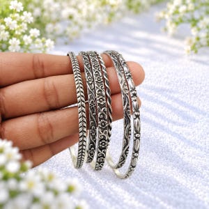 Antique Silver Floral Bangles Set, Sterling Silver, Boho Stackable Bracelets (Set of 5)