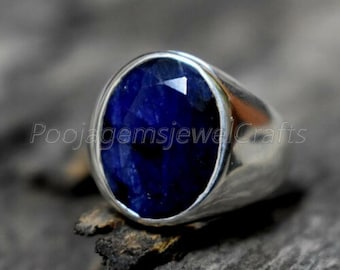 Raw Sapphire Mens Ring, 925 Solid Sterling Silver, Blue Sapphire, Heavy Man's Ring, Sapphire Men Ring, Vintage Ring, Huge Ring, Signet Ring