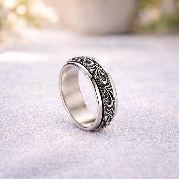 Sterling Silver Carved Flower Spinner Ring, Gothic Vintage Punk