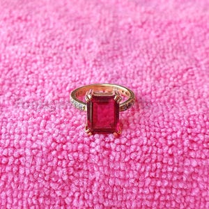 Emerald Cut Ruby Engagement Ring: Art Deco 925 Silver Gold Ring