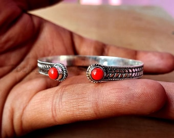 Red Coral Cuff Bracelet: Handmade 925 Sterling Silver Bangle