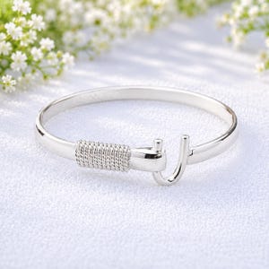 Handcrafted 925 Sterling Silver Hook Bangle Bracelet, Minimalist Adjustable Cuff Unisex Artisan Jewelry