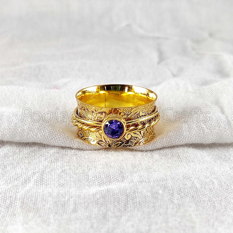 Bohemian Ring Meditation Ring Wide Band Ring Fidget Ring Amethyst Spinner Ring Gift For Her Spinner Ring For Women Yellow Gold Ring