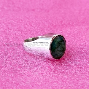 Raw Emerald Mens Ring: Sterling Silver Signet Ring