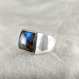 Labradorit Siegelring Herren: Eckiger Edelstein, 925 Sterling Silber