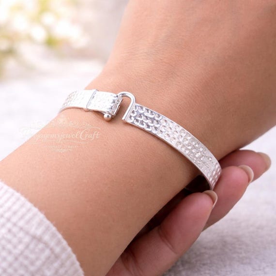 Unique Hammered Silver Bangle, 925 Sterling Silver Rigid Bracelet