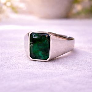 Raw Emerald Mens Ring: Heavy Sterling Silver May Birthstone
