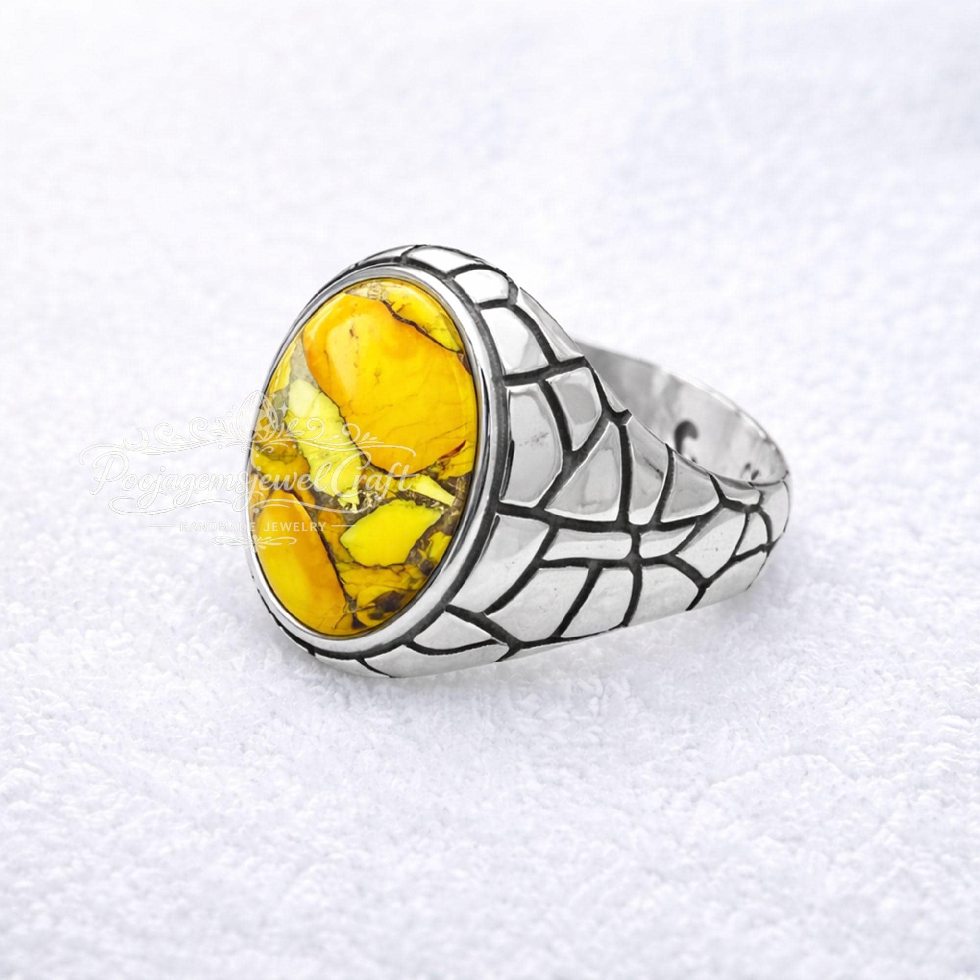 Men's Honey Dahlia Turquoise Ring, 925 Sterling Silver, Turkish Signet, Handmade Jewelry