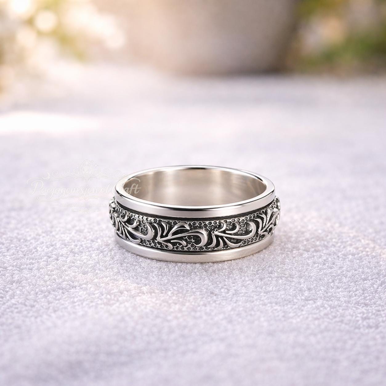 Sterling Silver Carved Flower Spinner Ring, Gothic Vintage Punk