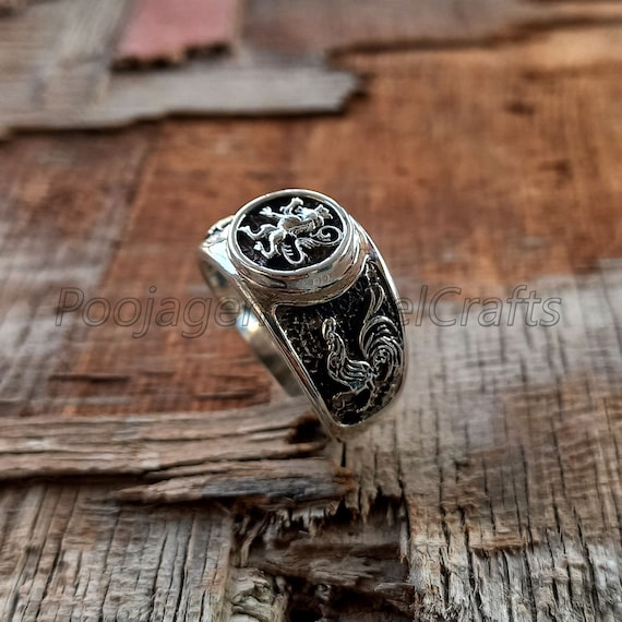 Lion and Roosters Rings Coat of Arms Silver 925 Mens Etsy