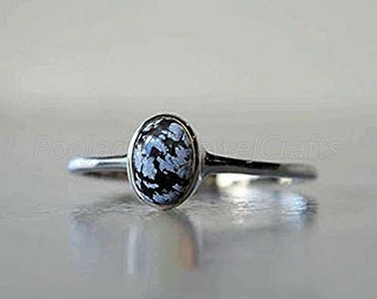 Snowflake Obsidian Black Stone Sterling Silver Ring Jewellery Rings Solitaire Rings Natural Volcanic Glass Cabochon Gemstone Jewelry Organic Mens Womens Jewelry Ring Gift 