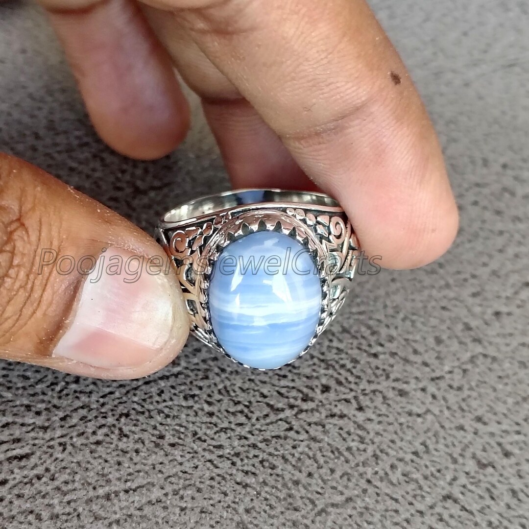 Blue Lace Agate Mens Ring: Vintage 925 Sterling Silver Gemstone