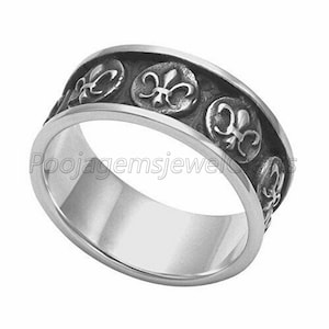 Anillo de hombre estilo flor de lis, anillo de plata 925 para hombre, anillo de banda ancha, banda de flor de lis, anillo oxidado hecho a mano, anillo de plata para hombre
