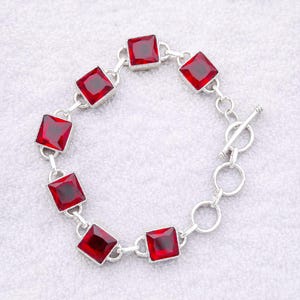 Natural Garnet Bracelet: Square Gemstone Jewelry, Handmade 925 Sterling Silver, Stacking Bracelet For Women's
