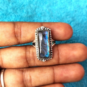 Sterling Silver Labradorite Statement Ring: Rectangle Gemstone
