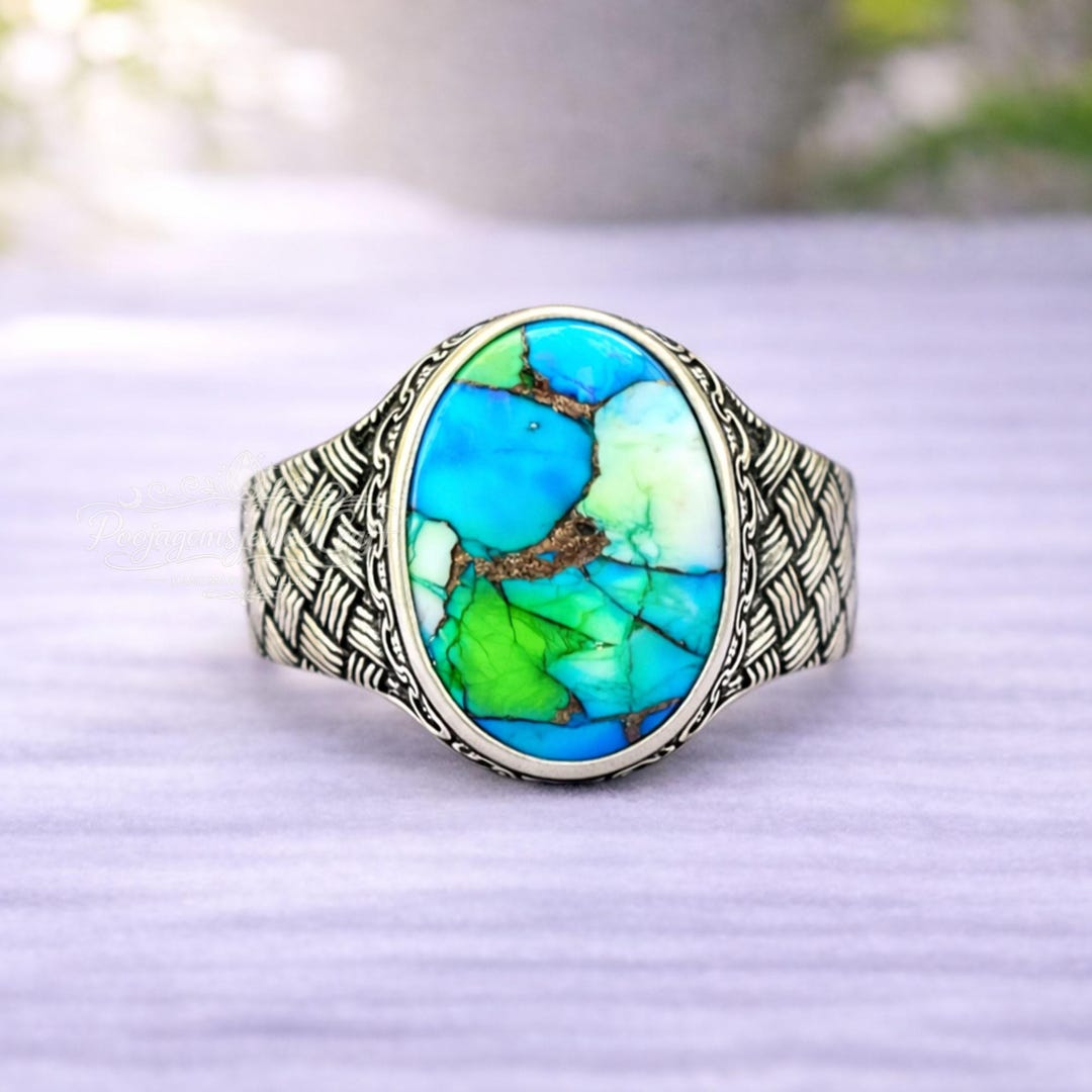 925 Sterling Silver Men's Turquoise Ring, Natural Oval Gemstone ...
