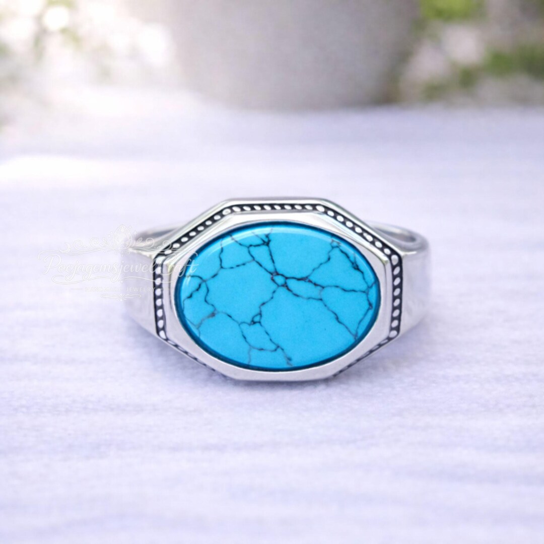 Men's Turquoise Oval Ring – Natural Stone 925 Sterling Silver Statement ...