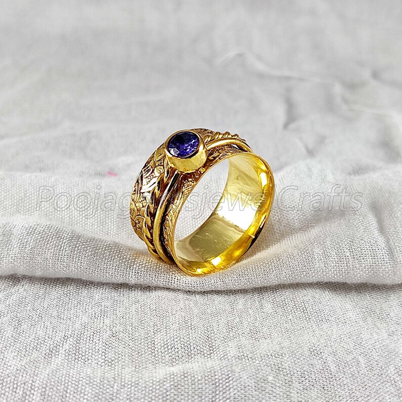 Bohemian Ring Meditation Ring Wide Band Ring Fidget Ring Amethyst Spinner Ring Gift For Her Spinner Ring For Women Yellow Gold Ring