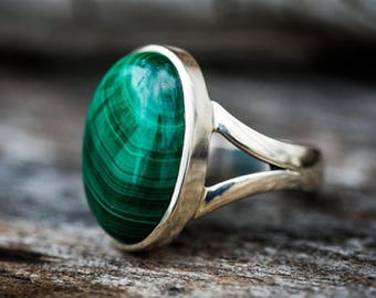 Handmade Oval Malachite Ring: 925 Sterling Silver Gemstone Jewelry