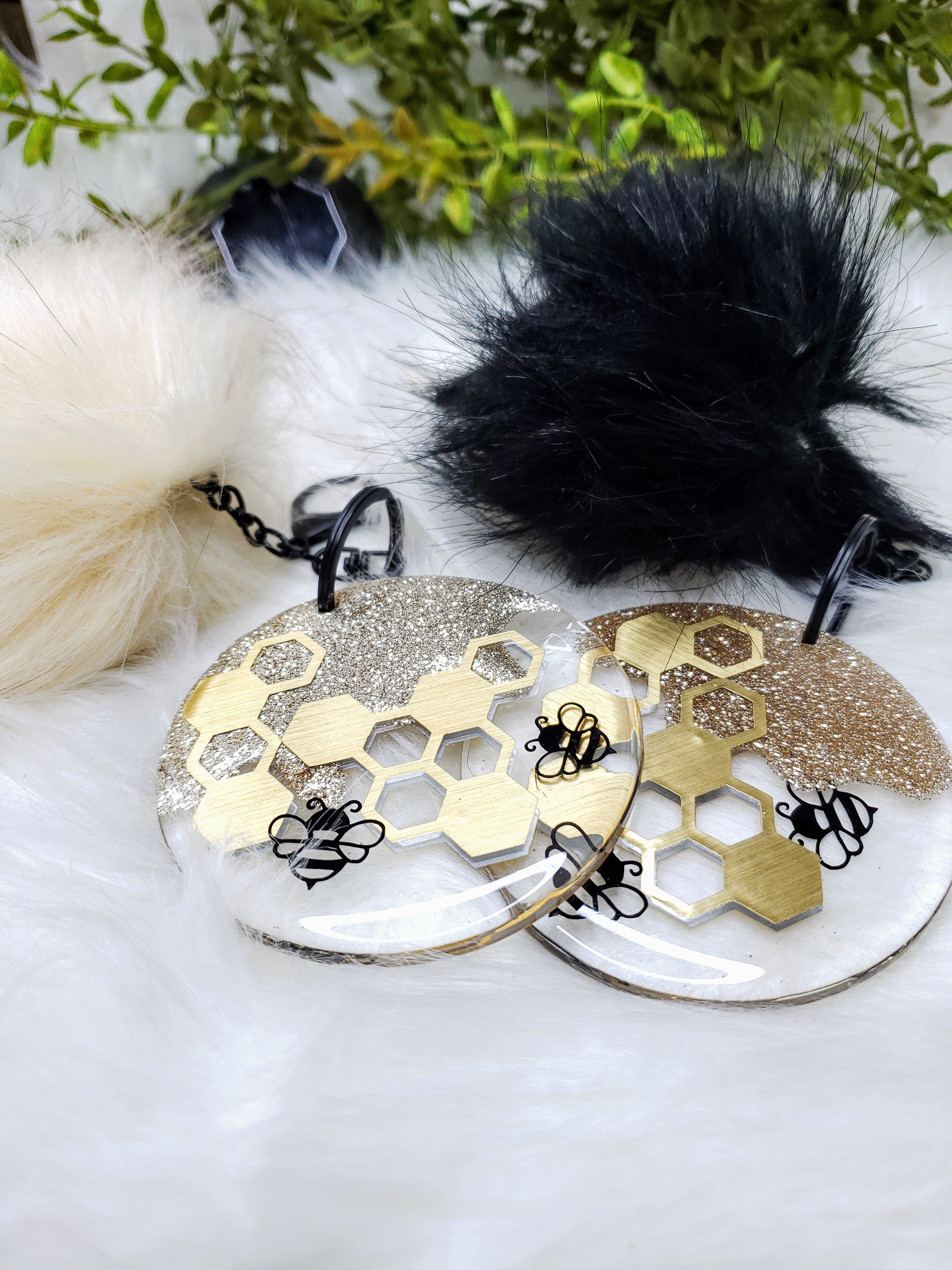 Bee Keychain With Honey And Honey Comb. Gold Glitter Honey Etsy