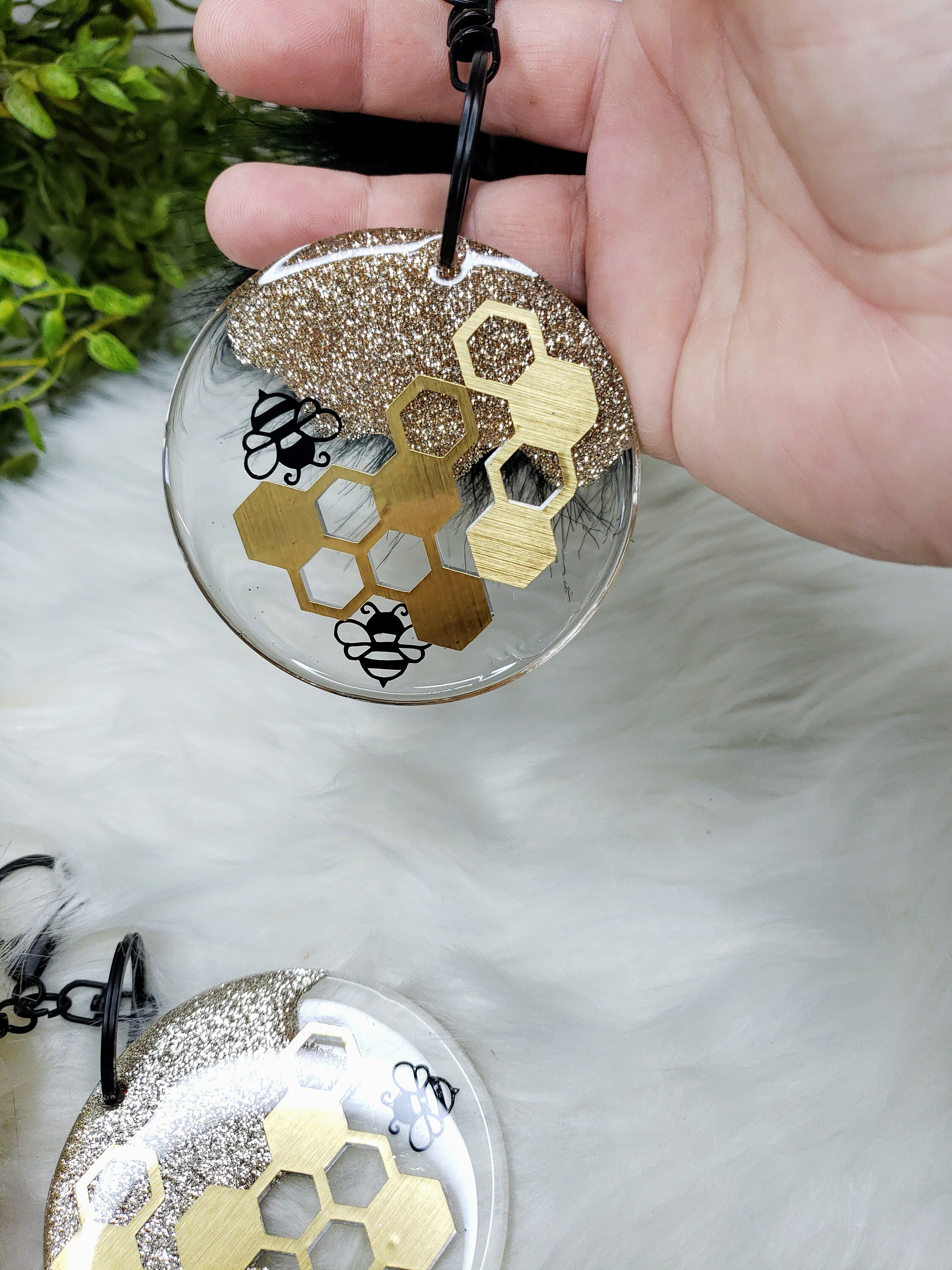 Bee Keychain With Honey And Honey Comb. Gold Glitter Honey Etsy