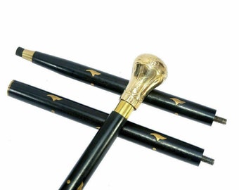 Solid brass round shape handle wooden walking stick cane in 3 fold with brass inlaid